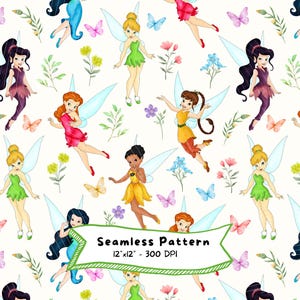 May include: A seamless pattern featuring watercolor fairies in various poses, with butterfly and floral accents. The fairies are dressed in vibrant colors, with light blue wings. The text "Seamless Pattern" is included in the design.