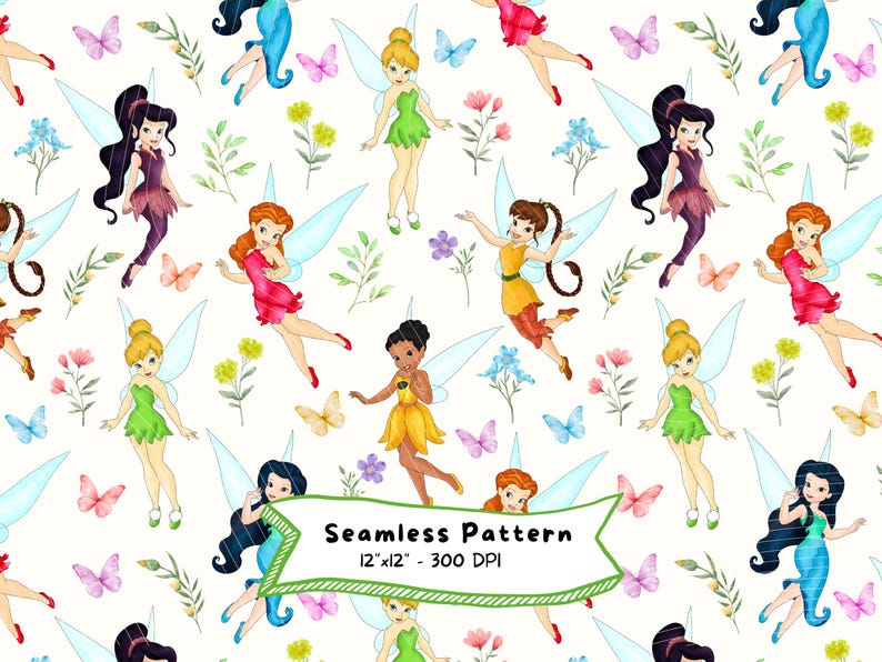 Tinkerbell Watercolor Seamless Pattern, Watercolor Background, Fairy ...