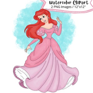 The Little Mermaid Hand Drawn Watercolor Clipart, Cute Cartoon, PNG, Printable, Transparent Background, High Resolution, Princess Ariel