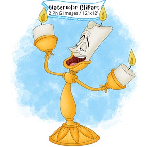 Lumiere de La Bella y la Bestia conjunto de imágenes prediseñadas de acuarela dibujadas a mano, ilustración de dibujos animados lindo, PNG, imprimible, transparente, alta resolución