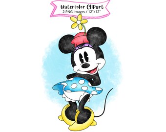 Minnie Mouse Watercolor Clipart, High Resolution, Digital Download, Vintage, Retro, PNG