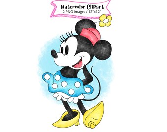 Minnie Mouse Watercolor Clipart, High Resolution, Digital Download, Vintage, Retro, PNG
