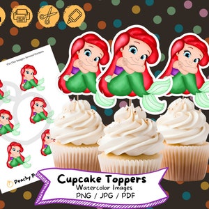 Little Mermaid Watercolor Cupcake Topper, Digital, Birthday Party, Cake Topper, Birthday Decoration, Printable File, Kids Party, Ariel