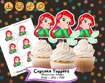 リトル・マーメイド 水彩カップケーキトッパー（デジタル）