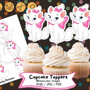 Aristocats Watercolor Cupcake Topper, Digital Download, Birthday Party, Cake Topper, Birthday Decoration, Printable File, Kids Party, Marie