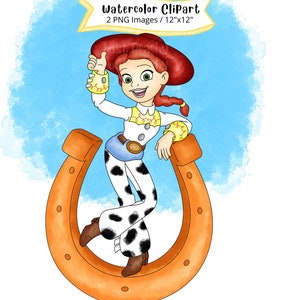 Jessie Toy Story Watercolor Clipart, Cute Cartoon Illustration, Buzz Lightyear, Woody, PNG, Dinosaur, Transparent, Hand Drawn, Commercial