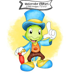 Puede incluir: Ilustración en acuarela de un grillo de dibujos animados con sombrero de copa y chaqueta azules, chaleco naranja y pantalones marrones. El grillo señala hacia arriba con un guante blanco. Incluye el texto "Watercolor Clipart".
