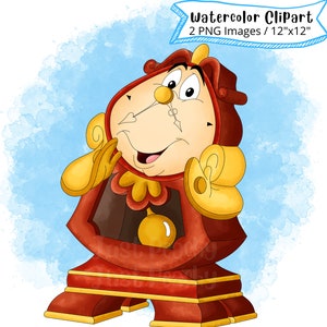 Cogsworth from Beauty and the Beast Hand Drawn Watercolor Clipart Set, Cute Cartoon Illustration, PNG, Printable, High Resolution