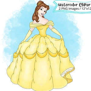 Clipart acquerello Princess Belle, La bella e la bestia, Disegnato a mano, Cartone animato carino, PNG, Trasparente, 300 DPI, Alta risoluzione, Cenerentola