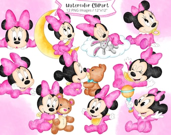 Baby Minnie Maus Aquarell Clipart Set, rosa Schleife PNG (digitaler Download)