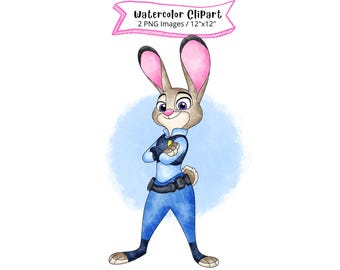 Judy Hopps, Zootopia Watercolor Clipart,  High Resolution, Digital Download, Bunny Rabbit, Png, Cute Cartoon