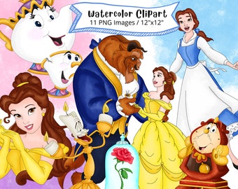 Beauty and the Beast Watercolor Clipart: Cartoon PNG Set (Digital Download)