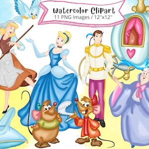 Conjunto de imágenes prediseñadas de acuarela dibujadas a mano de Cenicienta, linda ilustración de dibujos animados, PNG, imprimible, fondo transparente, alta resolución