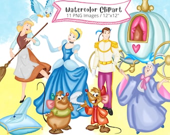 Aschenputtel Aquarell Clipart Set, hohe Auflösung, Märchenprinzessin PNG, digitaler Download, Cartoon Clipart