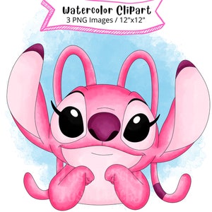 Conjunto de imágenes prediseñadas de acuarela de ángel, dibujo animado lindo, PNG, fondo transparente, alta resolución, Lilo y Stitch, dibujado a mano, San Valentín, Stitch