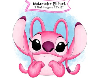 Angel Watercolor Clipart Set, Cute Cartoon, PNG, Transparent Background, High Resolution, Lilo and Stitch, Hand Drawn, Valentines, Stitch