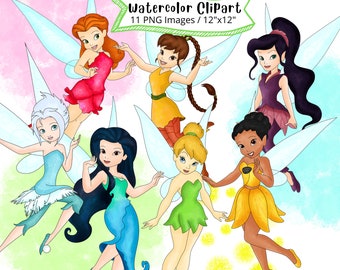 Tinkerbell Watercolor Clipart Set, Fairy PNG, Cute Kids, Clipart, Hand Drawn, Digital Download, High Resolution