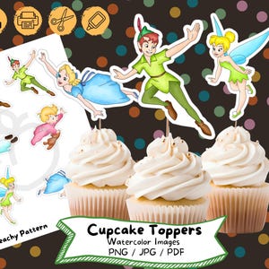 Może przedstawiać: Zestaw 10 drukowanych topperów do babeczek z postaciami z Piotrusia Pana. Toppery zawierają Piotrusia Pana, Dzwoneczek i inne postacie z opowieści. Toppery są zaprojektowane do drukowania na kartonie i wycinania. Toppery idealnie nadają się do dodania uroczego akcentu do następnej imprezy z motywem Piotrusia Pana.