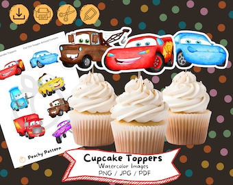 Adornos para cupcakes de acuarela de Cars: Cumpleaños de Rayo McQueen (Descarga digital)