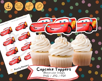 Adornos para cupcakes de acuarela de Cars: Cumpleaños de Rayo McQueen (Descarga digital)