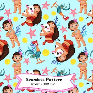 May include: A seamless pattern featuring a cartoon character with brown hair and a piglet. The pattern is on a light blue background with coral, starfish, and seashells. The text "Seamless Pattern 12" x 12" - 300 DPI" is at the bottom of the image.