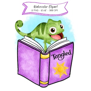 Op de afbeelding: Waterverf illustratie van een groene kameleon op een paars boek met het woord "Tangled" en een zonafbeelding. De afbeelding heeft een lichtblauwe achtergrond en de tekst "Watercolor Clipart".