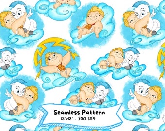 Baby Hercules Watercolor Seamless Pattern, Digital Download, Cute Cartoon, High Resolution, Instant Download, Watercolor, Kids Party