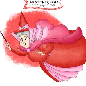 Flora de La Bella Durmiente, acuarela, dibujo a mano, dibujo animado, PNG, 300 DPI, alta resolución, El hada buena, fantasía, Hada roja