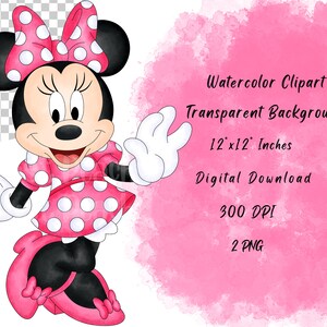 Pode incluir: Clipart de aquarela de uma Minnie Mouse de bolinhas rosa e brancas com um la&ccedil;o rosa. O fundo &eacute; uma aquarela rosa. O texto "Watercolor Clipart", "Transparent Background", "12 x 12 Inches", "Digital Download", "300 DPI" e "2 PNG" est&aacute; escrito em preto.