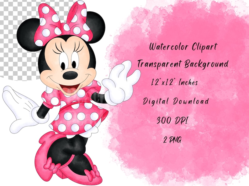 Pode incluir: Clipart de aquarela de uma Minnie Mouse de bolinhas rosa e brancas com um la&ccedil;o rosa. O fundo &eacute; uma aquarela rosa. O texto "Watercolor Clipart", "Transparent Background", "12 x 12 Inches", "Digital Download", "300 DPI" e "2 PNG" est&aacute; escrito em preto.