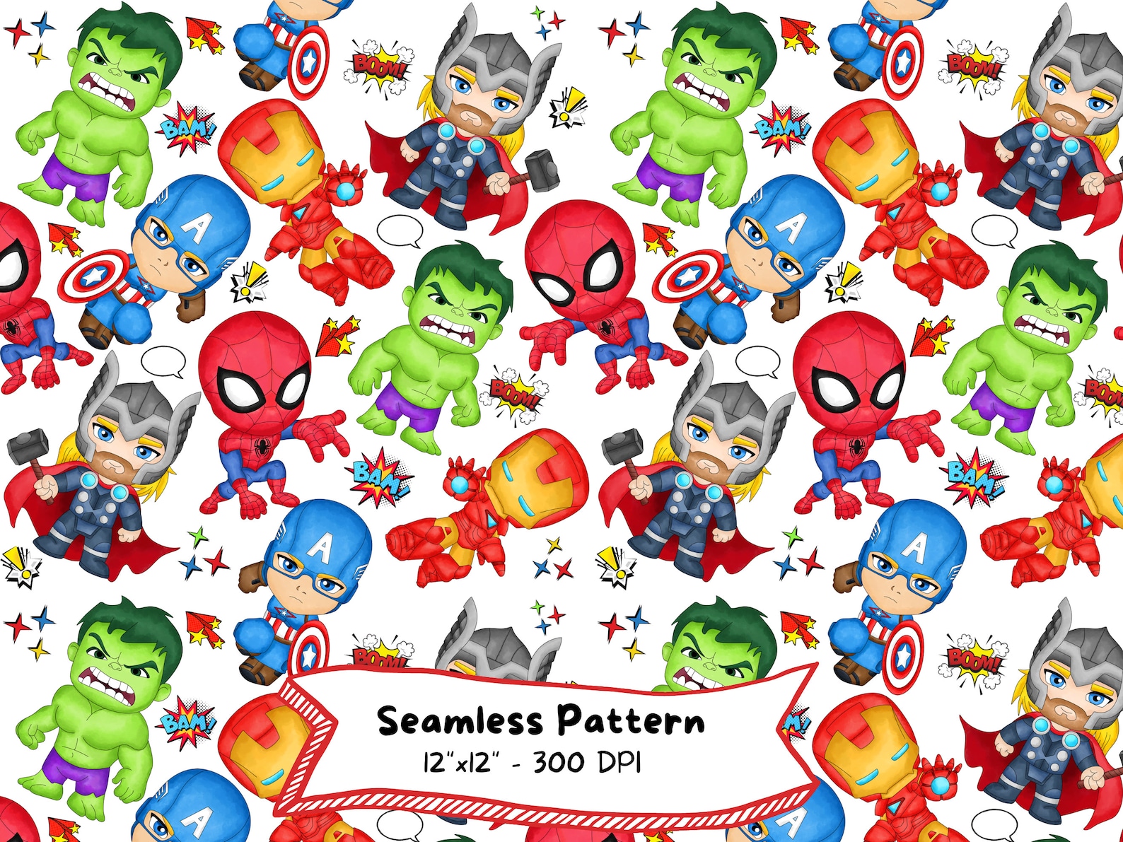 Superhero Cartoon Seamless Pattern, Avengers Fabric Design (digital ...