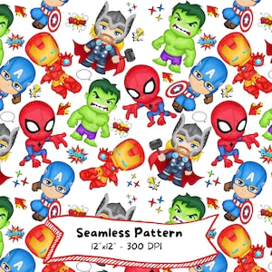 Wzór bezszwowy Superbohatera, Pobieranie cyfrowe, Słodka kreskówka, Avengers, Marvel, Spiderman, Hulk, Iron Man, Thor, Kapitan Ameryka, Loki, Groot