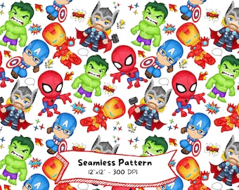 Superheld Cartoons Nahtloses Muster, Avengers Stoffdesign (Digitaler Download)