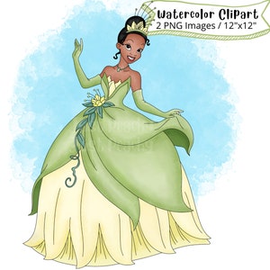 Prinses Tiana aquarel clipart, prinses en de kikker, hand getrokken, schattige cartoon, illustratie, PNG, transparant, 300 DPI, hoge resolutie