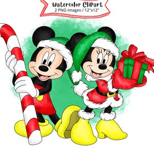 Mickey Mouse & Minnie Mouse, Watercolor Clipart, Cute Cartoon, PNG, High Resolution, Transparent Background,  Christmas, Holiday, Hand Drawn