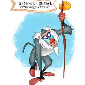 Rafiki do Rei Leão Conjunto de clipart desenhado à mão em aquarela, PNG, alta resolução, fundo transparente, desenho animado fofo, animais de safari, macaco