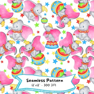 Padrão sem costura aquarela Dumbo, download digital, desenho animado fofo, decoração de berçário, bebê elefante, aniversário, festa infantil