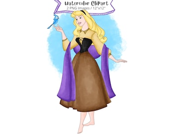Princess Aurora Watercolor Clipart: Sleeping Beauty Illustration (PNG Digital Download)