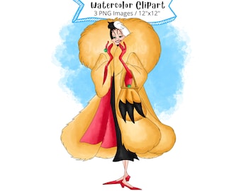 Cruella De Vil Watercolor Clipart Set: Hand Drawn Cartoon (PNG)