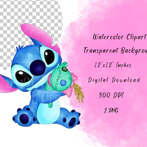Op de afbeelding: Waterverf clipart van een blauw Stitch-personage dat een groen pluche speelgoed met een roze strik vasthoudt. De achtergrond is een roze waterverf-wassing.