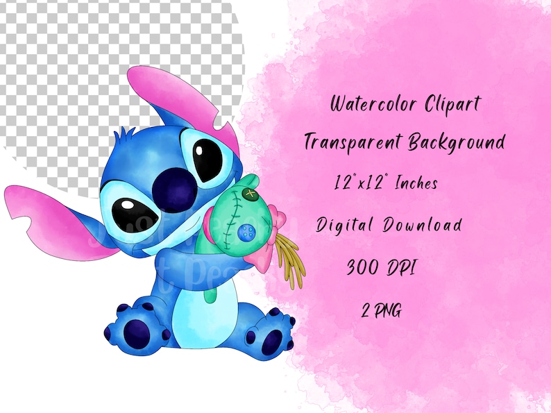 Op de afbeelding: Waterverf clipart van een blauw Stitch-personage dat een groen pluche speelgoed met een roze strik vasthoudt. De achtergrond is een roze waterverf-wassing.