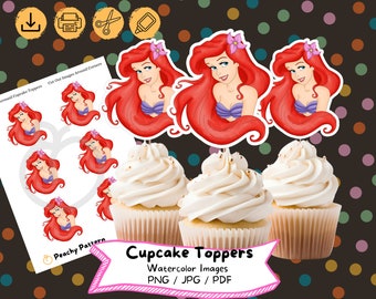 Ariel Cupcake Toppers: Little Mermaid Watercolor Party Decor (Digital Download)