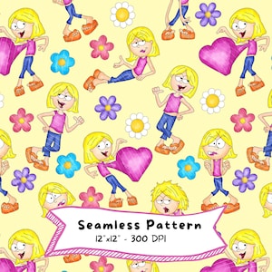 May include: Seamless pattern featuring cartoon girls with blonde hair, pink tops, blue jeans, and sandals, interspersed with pink, blue, and white flowers, and pink hearts on a yellow background. The text "Seamless Pattern 12"x12" - 300 DPI" is displayed.