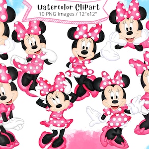 Minnie Mouse Watercolor Clipart Set, Hand Drawn, Cute Cartoon Illustration, PNG, Minnie Mouse PNG, Transparent Background, Mikey Mouse