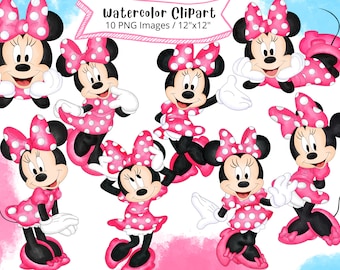 Minnie Mouse Watercolor Clipart Set, Hand Drawn, Cute Cartoon Illustration, PNG, Minnie Mouse PNG, Transparent Background, Mikey Mouse