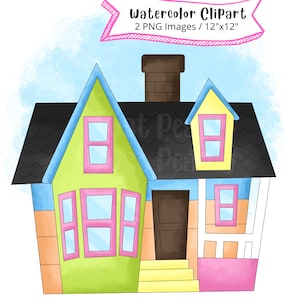 Clipart di "House from UP" disegnata a mano con acquerello, PNG, alta risoluzione, sfondo trasparente, cartone animato carino, Carl, Ellie, uso commerciale