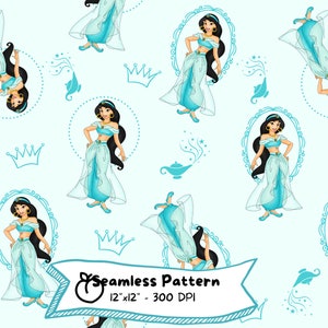 May include: Seamless pattern featuring a cartoon princess in a teal outfit, with long black hair and gold jewelry. The design includes crowns, magic lamps, and decorative frames on a light blue background. The text "Seamless Pattern" is included.