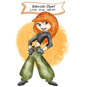 Op de afbeelding: Waterverf clipart van een stripfiguur met rood haar, groene ogen en een zelfverzekerde pose. Ze draagt een zwarte crop top, groene broek en blauwe handschoenen. De afbeelding bevat de tekst "Watercolor Clipart" en afmetingen.