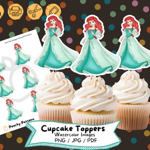 Little Mermaid Watercolor Cupcake Topper, Digital, Birthday Party, Cake Topper, Birthday Decoration, Printable File, Kids Party, Ariel