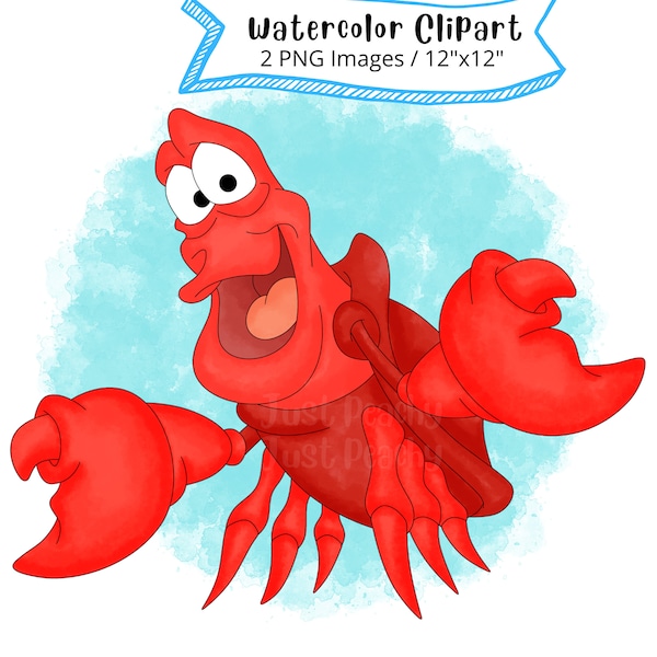Sebastian from The Little Mermaid Hand Drawn Watercolor Clipart, Cute Cartoon, PNG, Transparent Background, High Resolution, Under the Sea